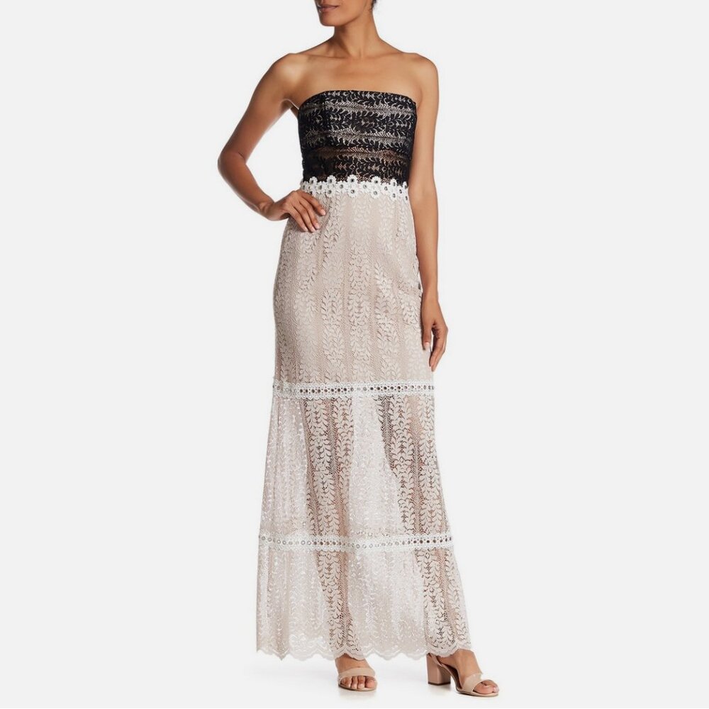 ABS by Allen Schwartz Floral Rivet Lace Strapless Gown